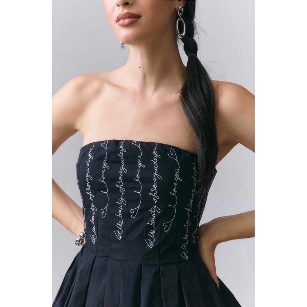 NWT Anthropologie Maeve Love Script Strapless Mini Dress Black Embroidered M - Picture 4 of 9